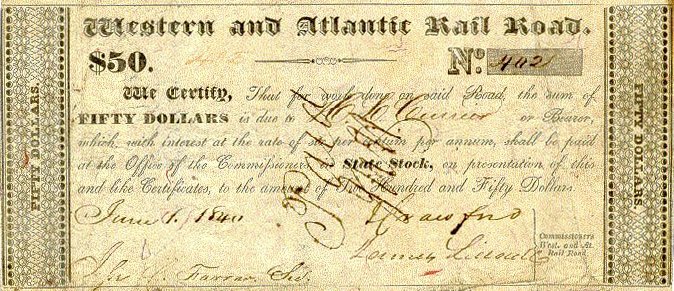 $50 T-1 W & A RR 6-1-1840 construction scrip